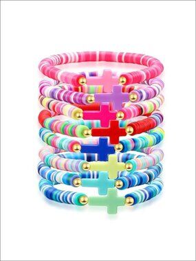 Cross Bracelet Clay Beaded Elastic Stackable Stretch Christian Jewelry